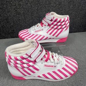 Reebok Freestyle Hi High-Top Sneakers 10 Candy Striped Velcro Barbie Retro Pink